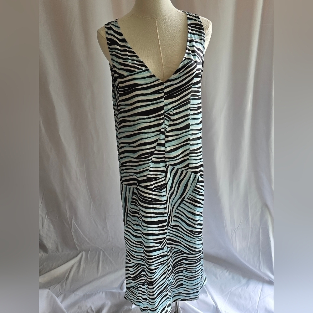 NWT DKNY Silky Sleeveless V-Neck Maxi Dress Blue White Brown Multi Stripes Sz S